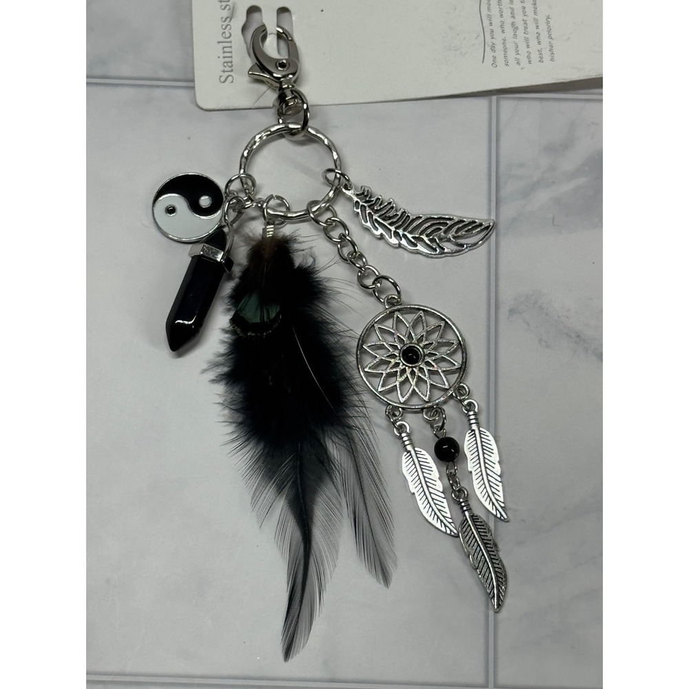 Stainless Steel Dreamcatcher Keychain Yin Yang Feather Crystal Charm Clip NWT